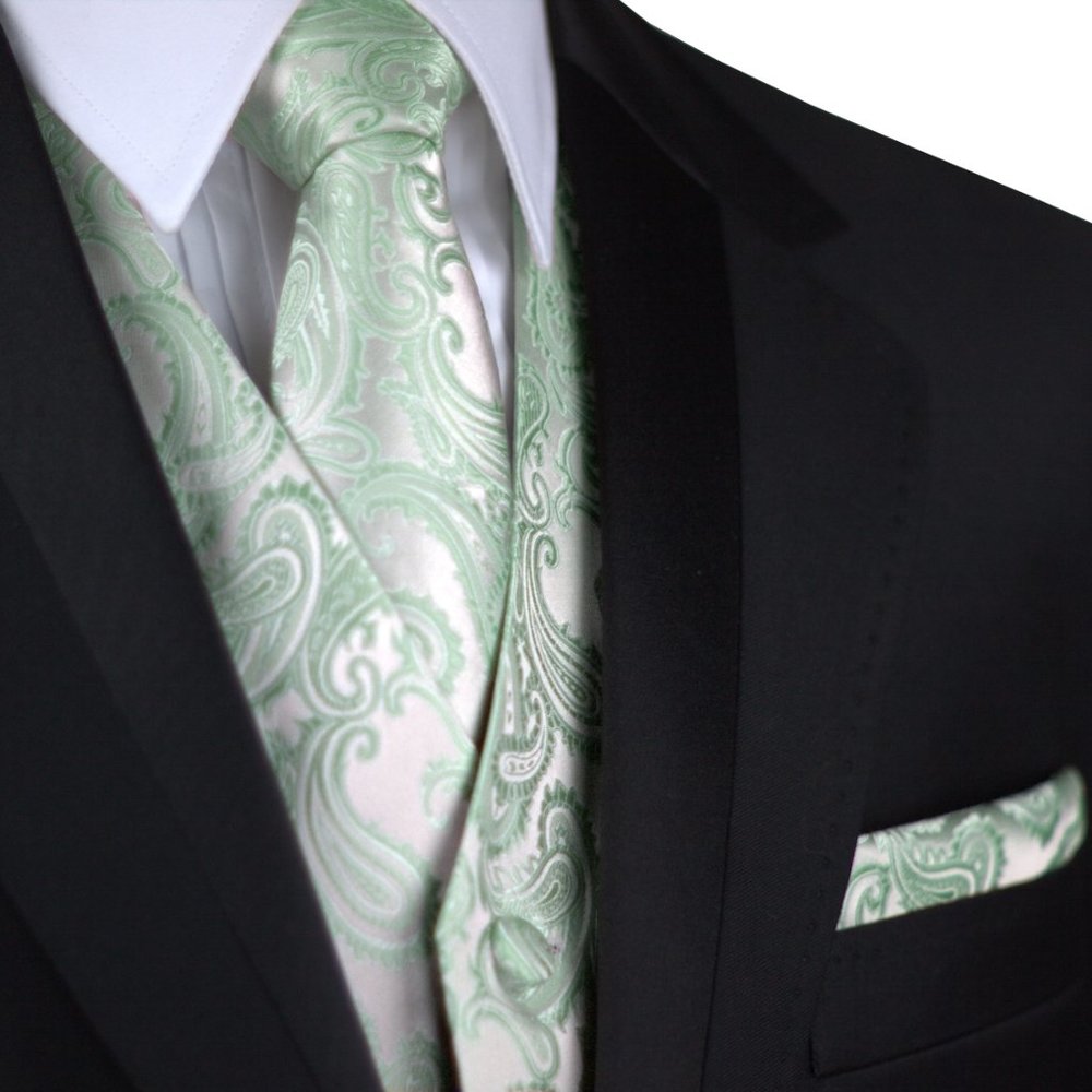 Men's Formal Wedding Prom Homecoming Tuxedo Vest Tie Hankie set - Sage Paisley